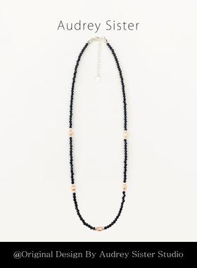 黑色水晶淡水珍珠串珠项链