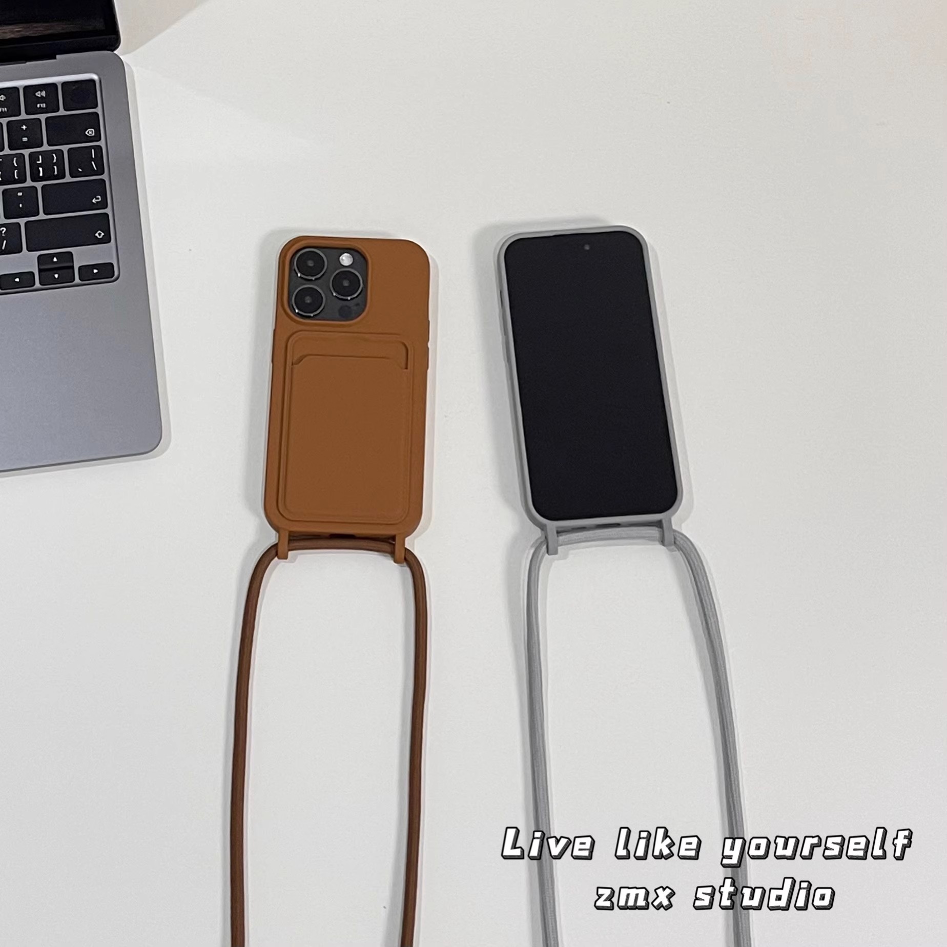 ins风秋冬复古棕高级灰斜跨可调节背带挂绳插卡手机壳适用17iPhone15promax14软壳硅胶苹果16/13保护套12/11
