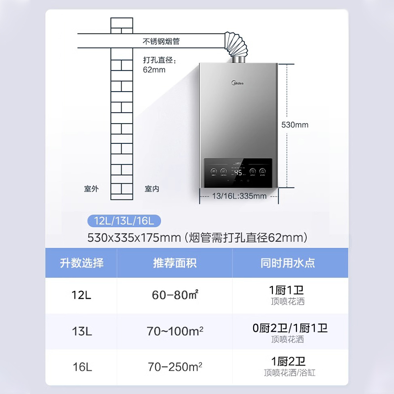 美的燃气热水器家用洗澡12/13升天然气变频恒温强排式16升MK1 - 图2