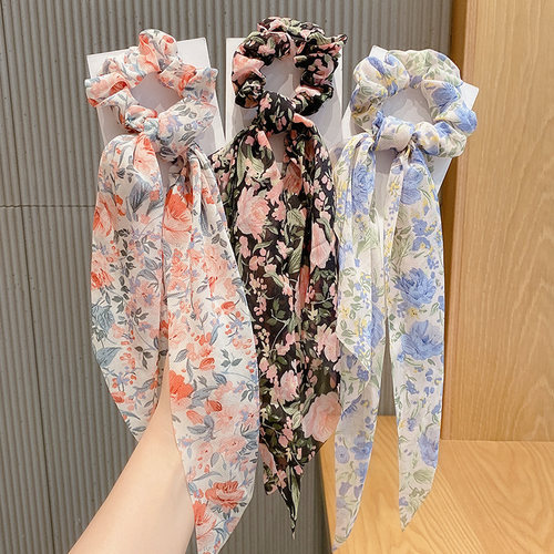 丝巾碎花发带发绳女绑发头绳发饰扎头发飘带夏季蝴蝶结猪大肠发圈 - 图0