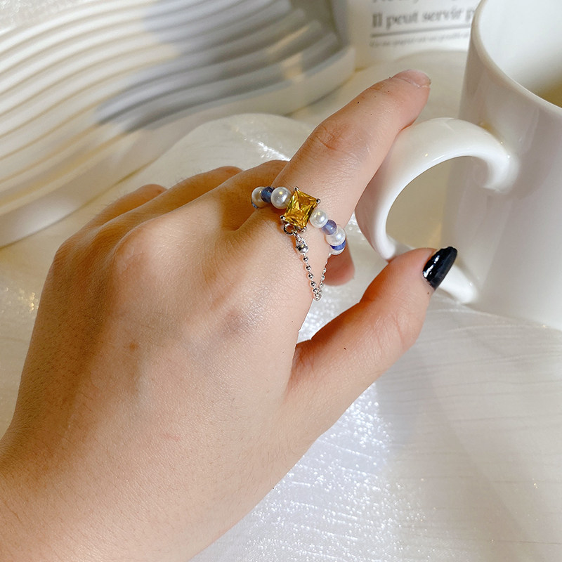 Zircon long chain resin pearl elastic ring sweet girly style personalized joint ring elastic adjustable index finger ring