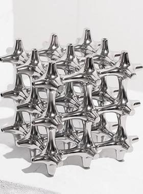 简约现代银色创意镂空搭建建筑魔方摆件售楼处样板房玄关软装饰品