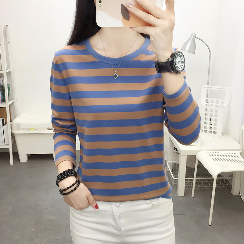 早秋上衣新款长袖t恤女士纯棉打底衫妈妈装洋气条纹体恤秋衣外穿,淘宝优惠券,粉丝福利购,淘宝优惠卷