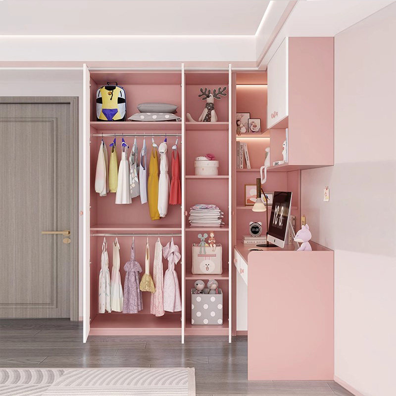 定制女孩粉色ENF级欧松板儿童转角电脑桌衣柜连体书桌柜一体,淘宝优惠券,粉丝福利购,淘宝优惠卷