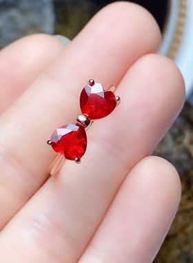 爱心6x6火红太阳石戒指女款925银镶嵌红色戒黄金色女戒清新时尚款