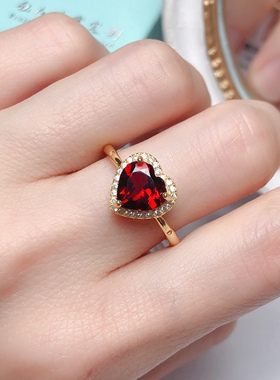 丛利 心8天然石榴石戒指s925银黄金色时尚经典鸽血红宝石洋气女戒
