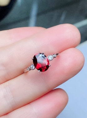 丛利 天然鸽血红石榴石戒指s925银红色宝石纯银镶嵌大气时尚饰品