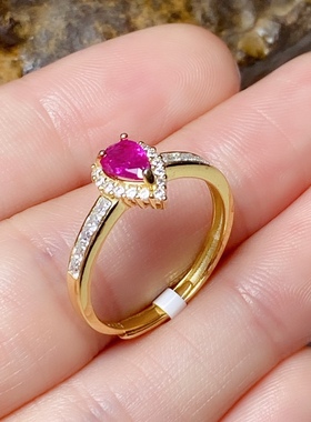 水滴4x6天然红宝石戒指女款925银镶嵌红色戒黄金色女戒清新时尚款