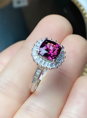 丛利 天然方7镁铝戒指女S925银玫瑰金色时尚经典白金色石榴石戒