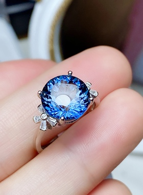 丛利 天然蓝托帕戒指女S925银玫瑰金色时尚经典白金色伦敦蓝宝石