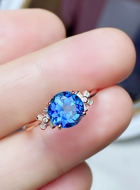 圆8 天然蓝托帕戒指女S925银玫瑰金色时尚经典白金色伦敦蓝宝石