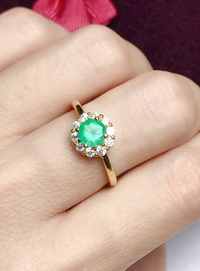 丛利 圆5.5天然祖母绿戒女款925银镶嵌绿色戒黄金色戒清新时尚款