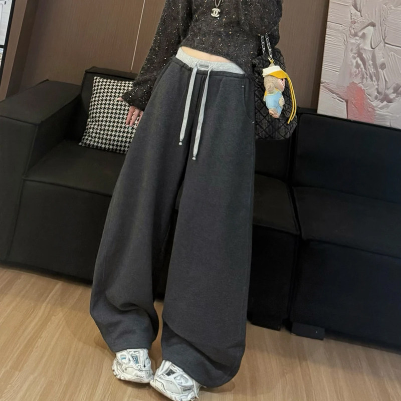 2025秋季新款松紧腰抽绳卫裤宽松显瘦休闲裤慵懒直筒拖地阔腿裤女,淘宝优惠券,粉丝福利购,淘宝优惠卷