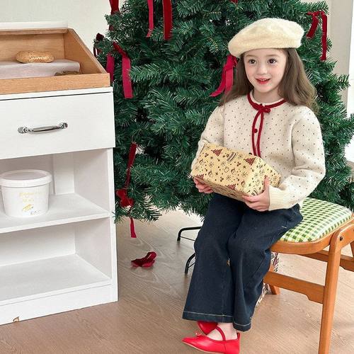 圣诞新年款~女童宝宝韩版甜美波点蝴蝶结绵羊绒针织开衫毛衣外套 - 图0