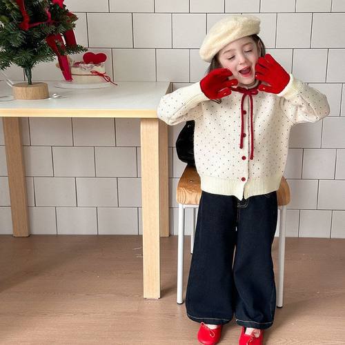 圣诞新年款~女童宝宝韩版甜美波点蝴蝶结绵羊绒针织开衫毛衣外套 - 图1