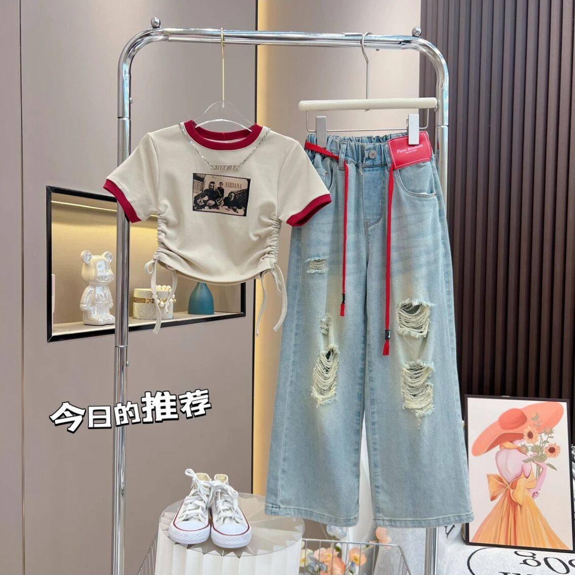 女童破洞牛仔裤套装2025新款夏季中大童时髦阔腿裤夏装时尚两件套,淘宝优惠券,粉丝福利购,淘宝优惠卷