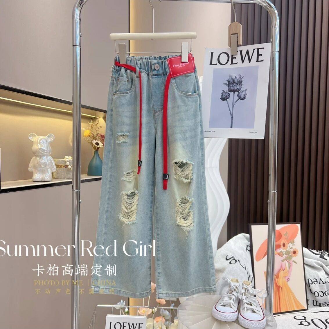 女童破洞牛仔裤套装2025新款夏季中大童时髦阔腿裤夏装时尚两件套,淘宝优惠券,粉丝福利购,淘宝优惠卷