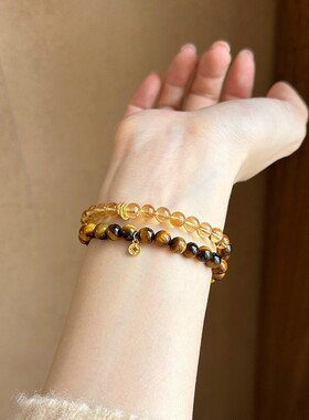 「金山春晓」新中式招财好运黄水晶虎眼石手串双圈手链小众叠戴
