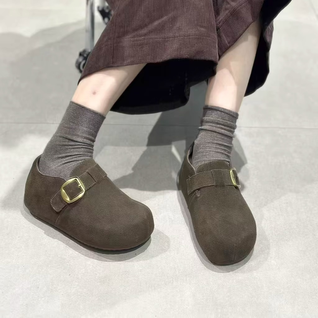 真皮厚底勃肯鞋女2025新款秋冬复古圆头内增高一脚蹬懒人鞋棉鞋女 - 图2