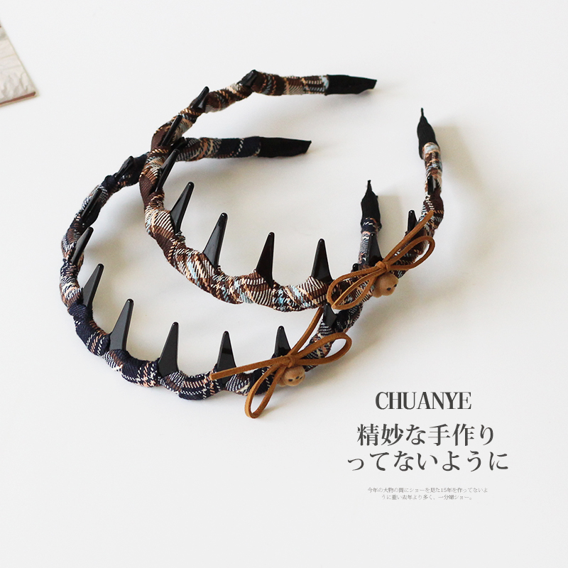 川野日韩小熊格纹缠绕头箍女新款简约可爱高颅顶带齿防滑发箍头饰 - 图2