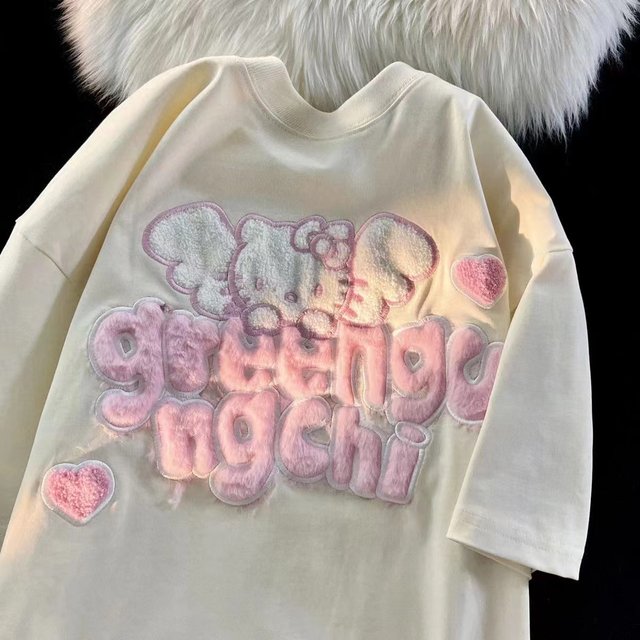 Pure cotton cartoon pink flocking summer cartoon short sleeves