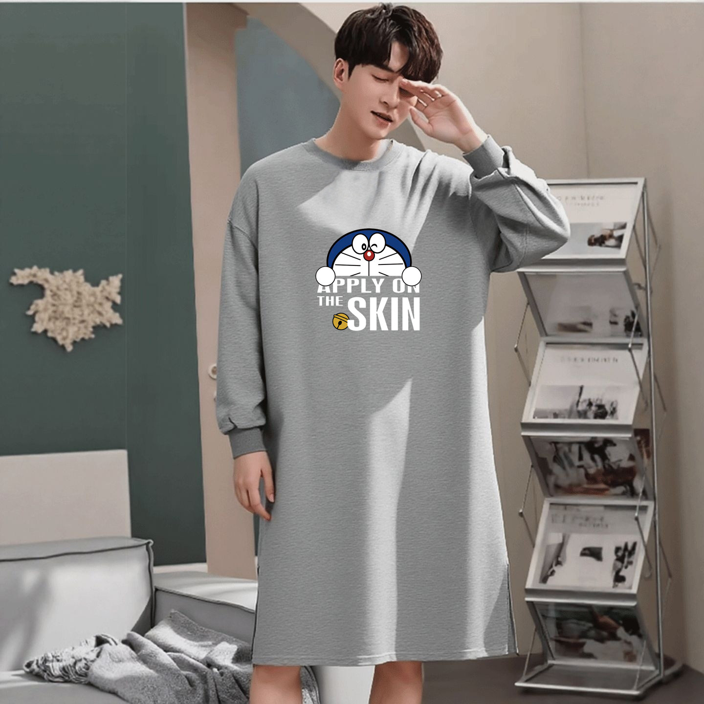 100%纯棉长袖睡袍男士卡通宽松大码连衣睡裙一体式开叉休闲家居服,淘宝优惠券,粉丝福利购,淘宝优惠卷