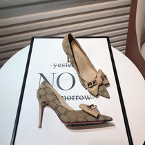 A D Hepburn ~ pointed high heel feast shoes female fine heel temperament rivet light mouth butterfly knot single shoe woman