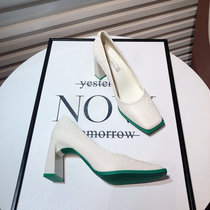 A D Hepburn ~ High heels female Korean version Temperament Square Head Light Mouth Coarse Heel Single Shoe Soft Leather Professional Working Shoes OL