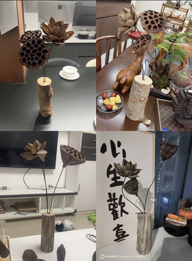 复古自然枯木禅意干花莲蓬荷花风干装饰中式摆件客厅桌面小摆件