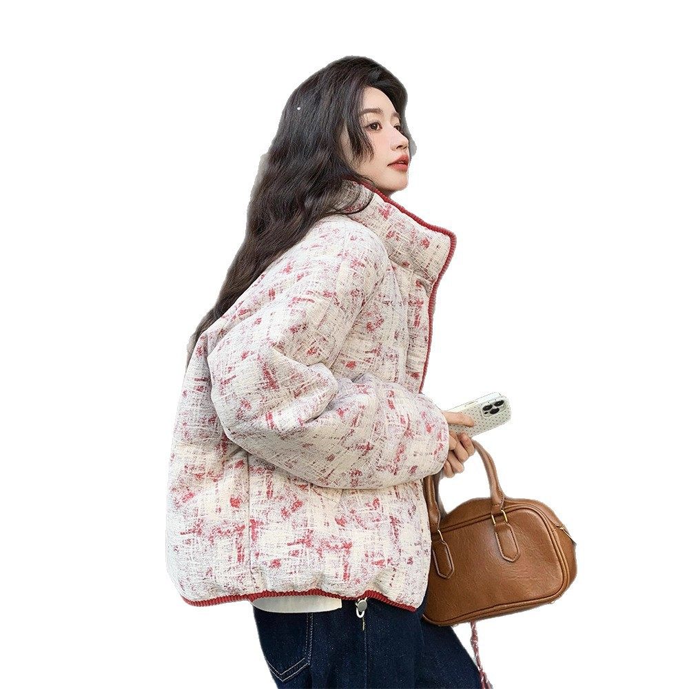 短款立领羽绒棉服外套女冬季大码胖mm高级感流行红色印花加厚棉衣,淘宝优惠券,粉丝福利购,淘宝优惠卷