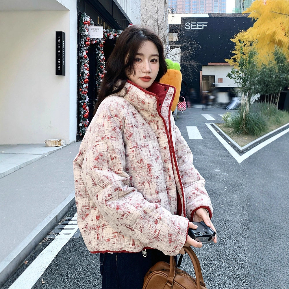 短款立领羽绒棉服外套女冬季大码胖mm高级感流行红色印花加厚棉衣,淘宝优惠券,粉丝福利购,淘宝优惠卷