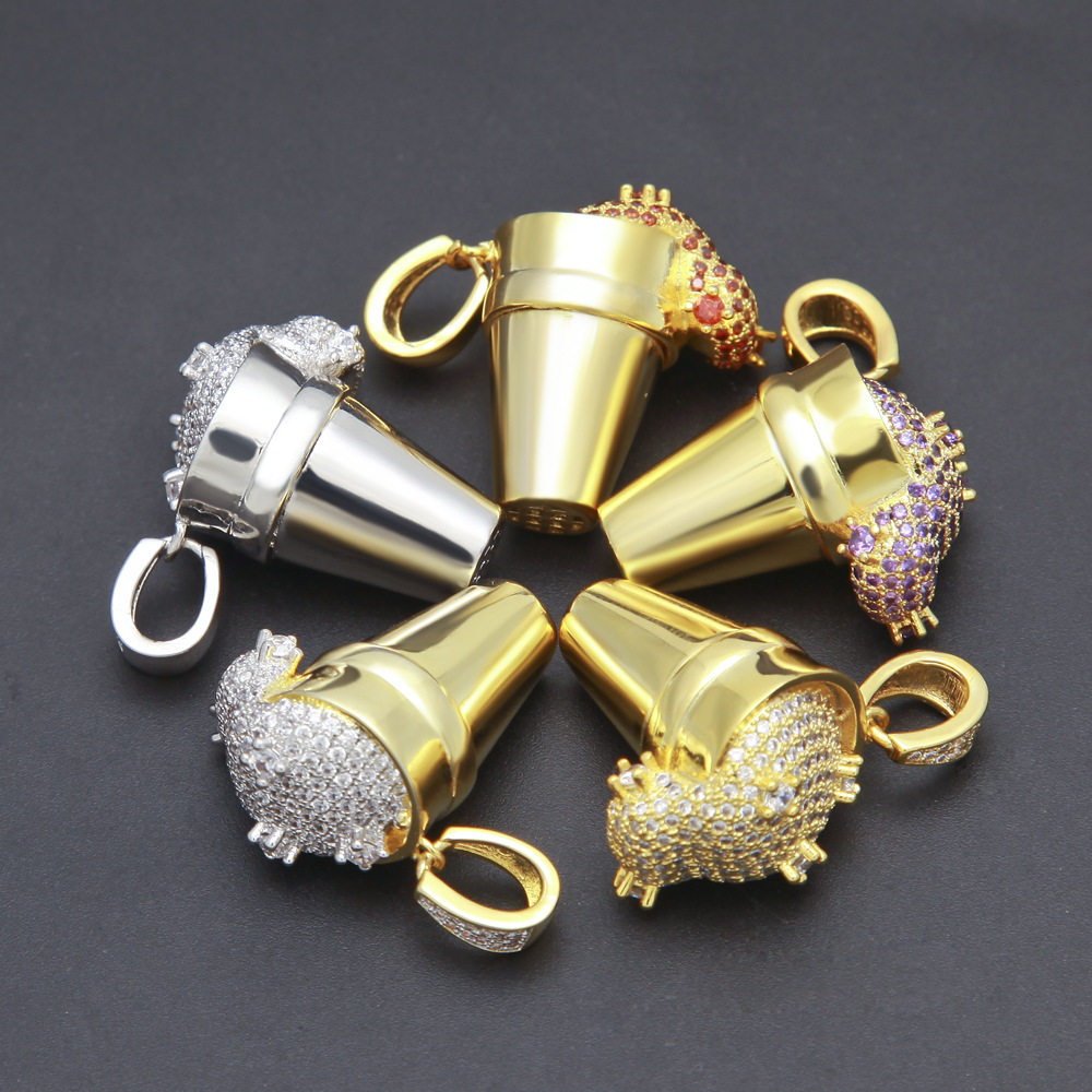 街头嘻哈钻石冰淇淋潮网红发泡胶杯子彩色锆石吊坠男女项链hiphop