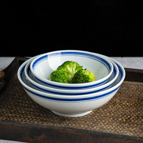 蓝边碗定制印logo复古老式家用饭碗汤面碗陶瓷碗饭店面馆专用餐具 - 图2