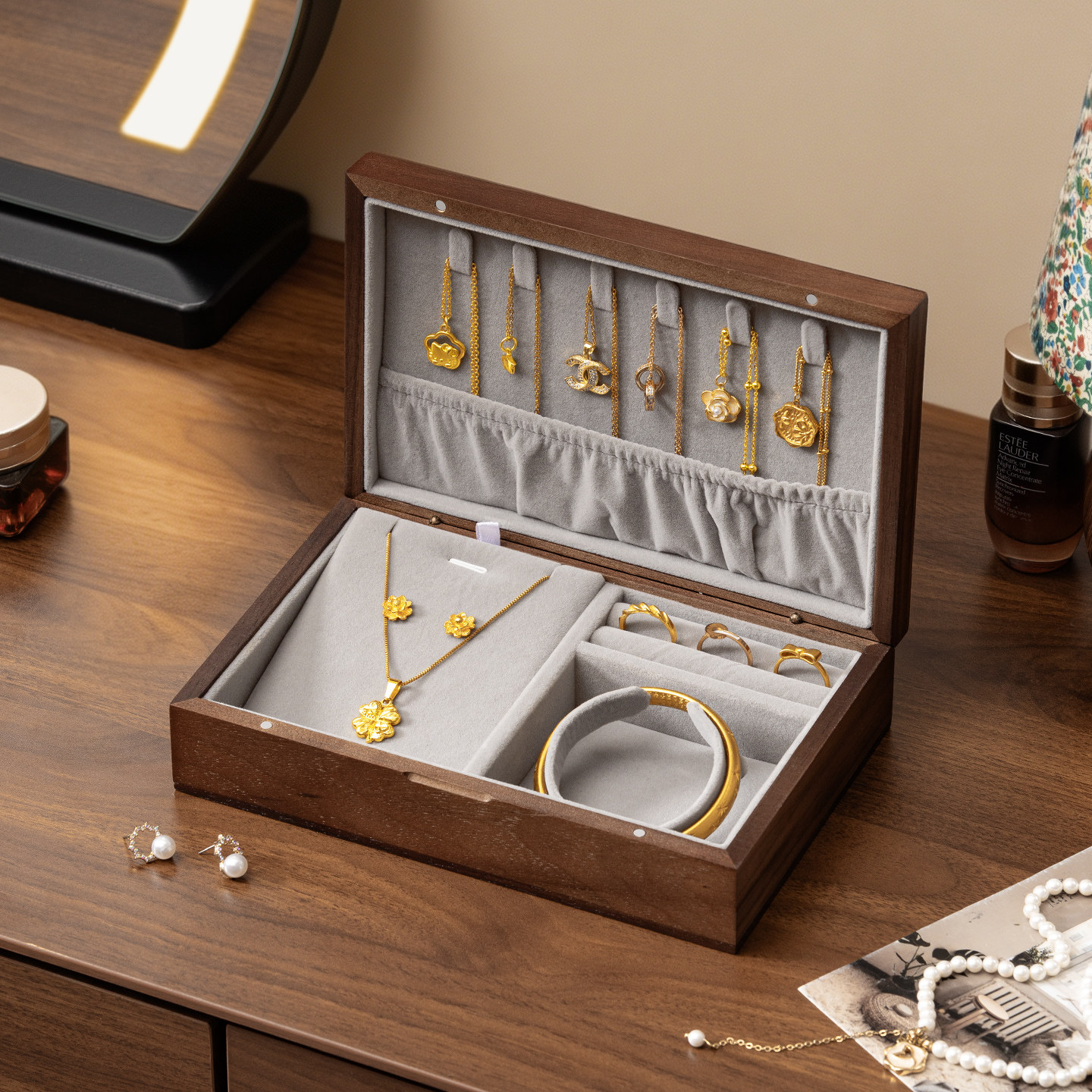 Walnut wedding three-gold jewelry storage box anti-oxidation