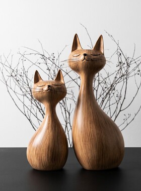 现代简约棕色双猫相伴猫咪摆件