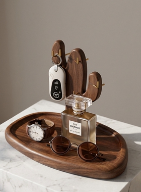 胡桃木仙人掌桌面收纳托盘摆件