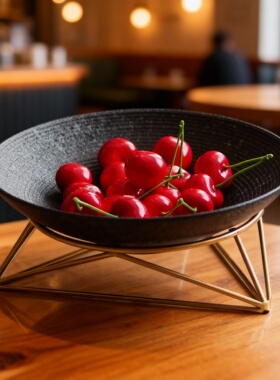 简约北欧黑陶瓷水果盘金架摆件