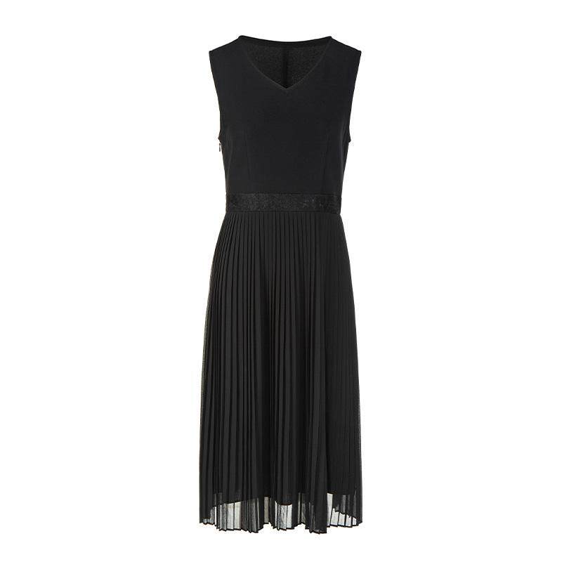 名师路黑色V领气质无袖百褶连衣裙女春季2025年新款薄雪纺裙中腰,淘宝优惠券,粉丝福利购,淘宝优惠卷