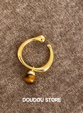 DOUDOUSTORE保色秋冬天然虎眼石戒指女开口可调节金色金属简约ins