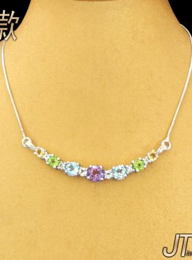 天然彩色宝石锁骨颈项链S925银镶紫黄水晶橄榄石榴托帕石轻奢女饰