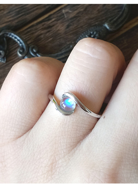 天然玻璃体蓝彩虹光月光石戒指环纯银镀金镶简约清新女生节日礼物