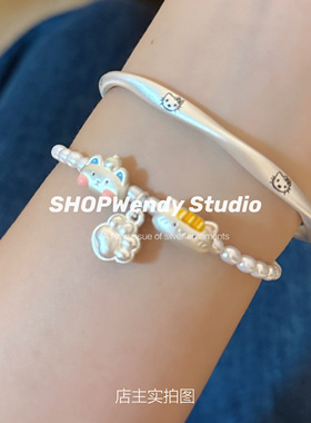 原创足银999法棍猫天然珍珠手链