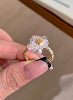 清冷风肌理感不规则水晶串珠花朵戒指超仙时尚轻奢锤纹食指戒指环