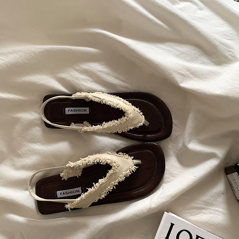 金屿鹿ins温柔仙女风夹趾凉鞋2024新款配裙子复古时尚沙滩罗马鞋,淘宝优惠券,粉丝福利购,淘宝优惠卷