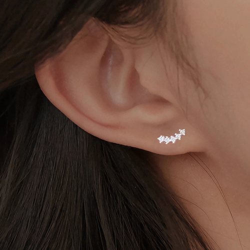 s999纯银耳钉女高级感轻奢弧形锆石微笑耳环螺丝拧扣养耳洞耳饰品 - 图2