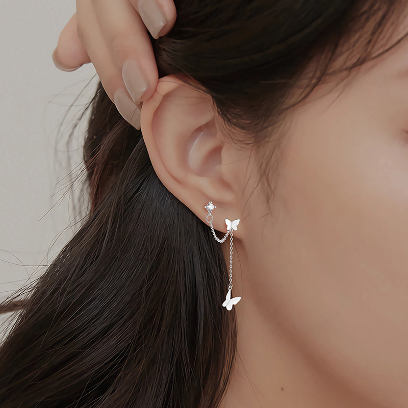 蝴蝶耳线女双耳洞螺丝拧扣耳钉s999纯银耳环高级感轻奢长款耳饰品,淘宝优惠券,粉丝福利购,淘宝优惠卷