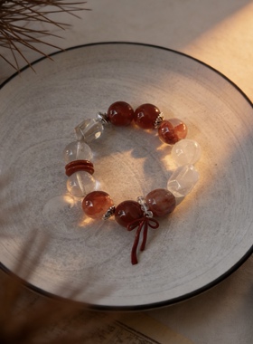 天然红胶花白水晶手串大珠子红玛瑙蝴蝶结手链闺蜜原创设计礼物