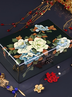 中国风手绘牡丹花推光漆器首饰盒