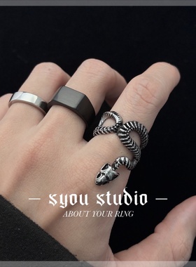 Syou极简几何方形圆形钛钢戒指百搭时尚复古男士情侣饰品黑色指环