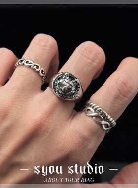 Syou复古荒原狼印章小众朋克戒指